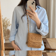 Woven straw crossbody bag, boho square summer purse with beaded strap for women