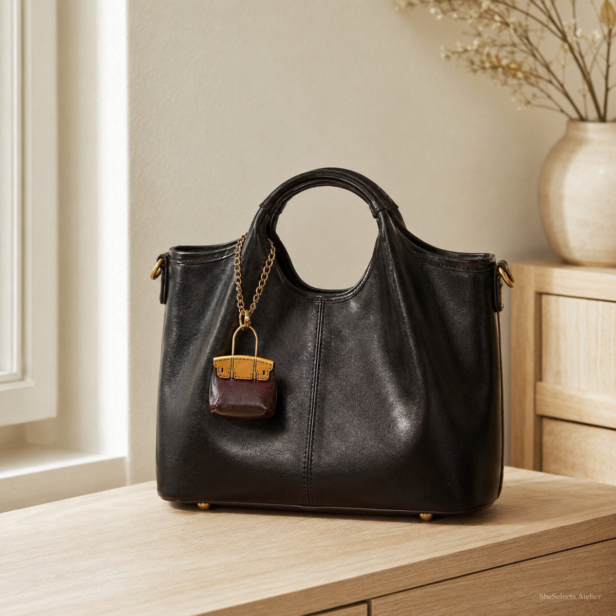 Coffee Color vegan leather tote in warm cream and pale oak home interior