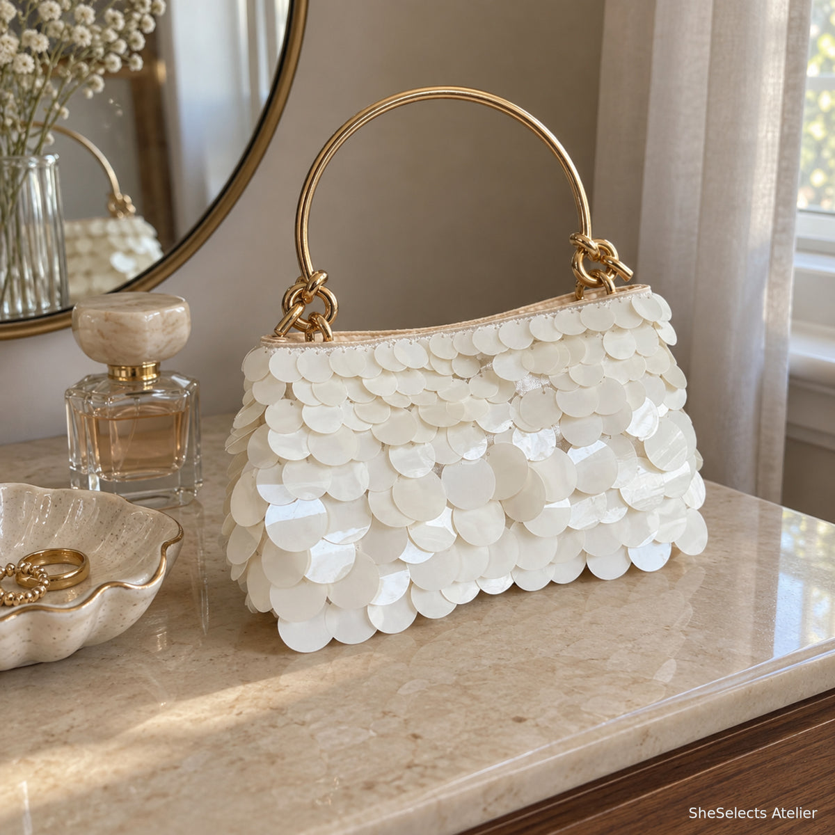 Celestine white acrylic disc bag on home vanity