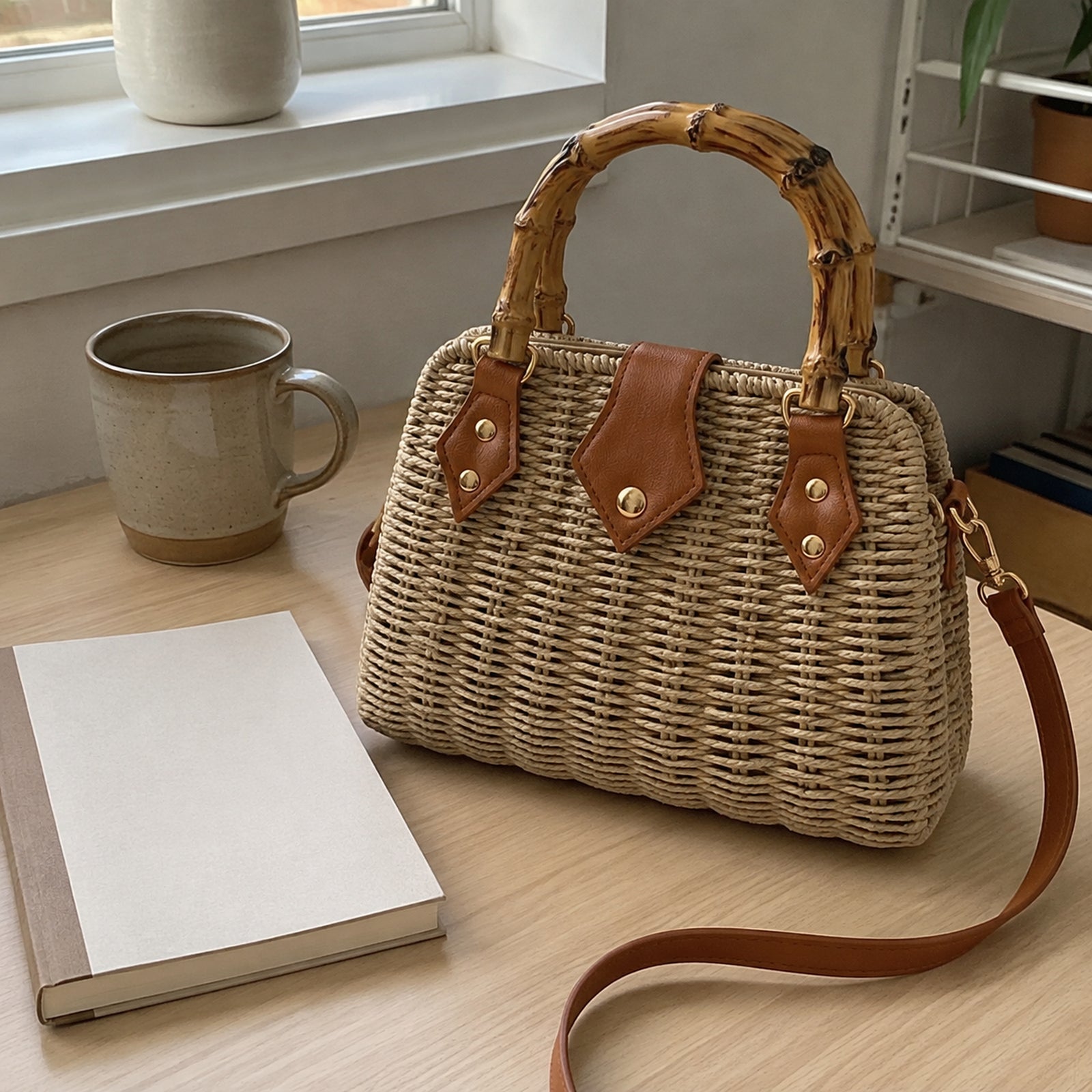 Khaki bamboo handle handbag beside a notebook and ceramic mug in a natural workspace