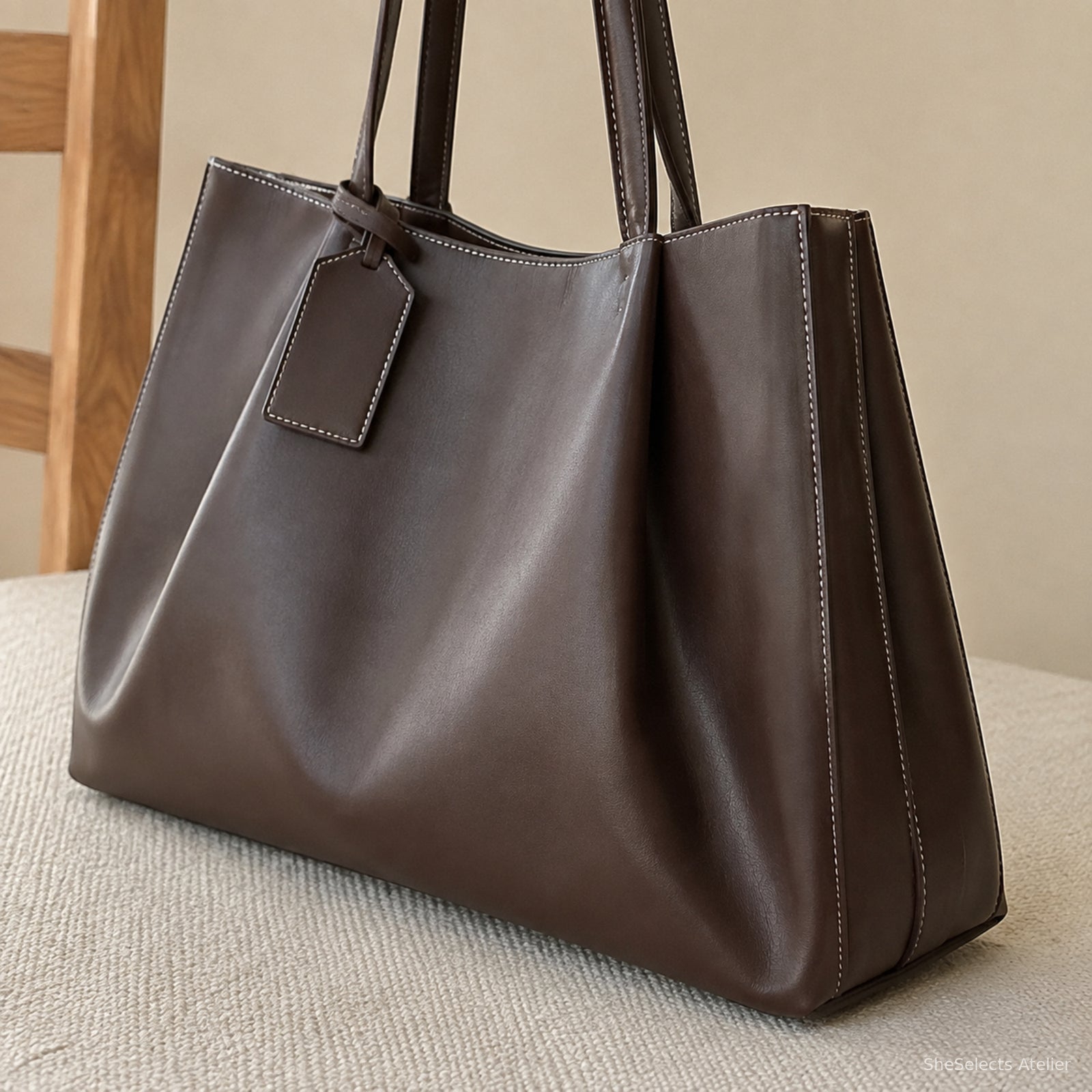 Close-up of brown PU texture, side gusset seam, flat base edge, and stitching