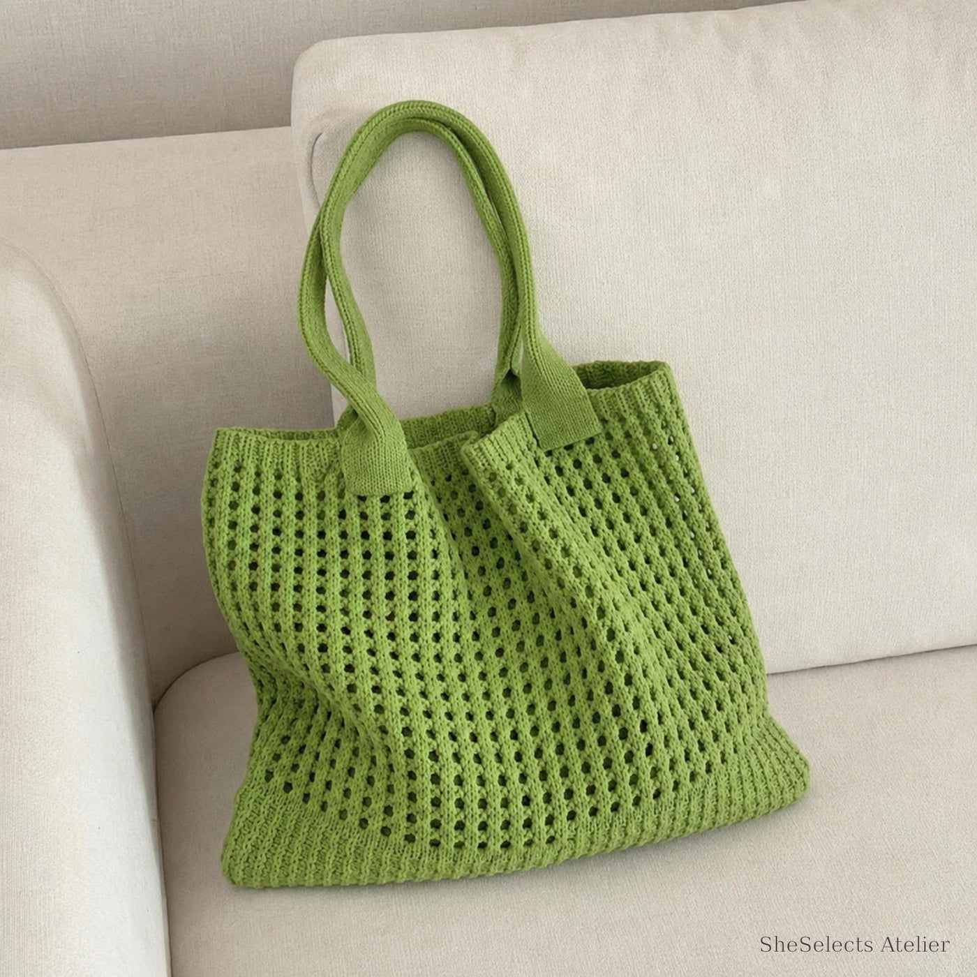 SheSelects Atelier gallery refresh 2026-08-01 | Hollow Knit Shoulder Bag | side fruit green