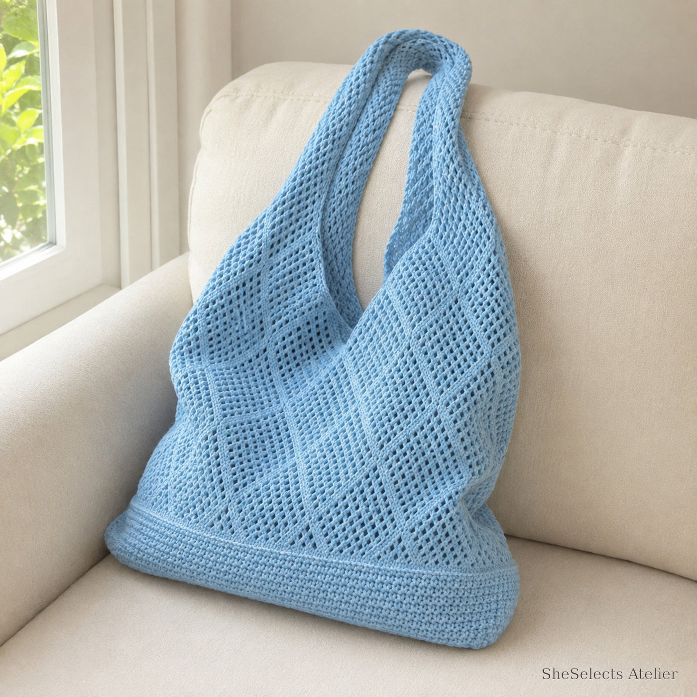 SheSelects Atelier gallery refresh 2026-08-01 | Large Crochet Tote Bag | side sky blue