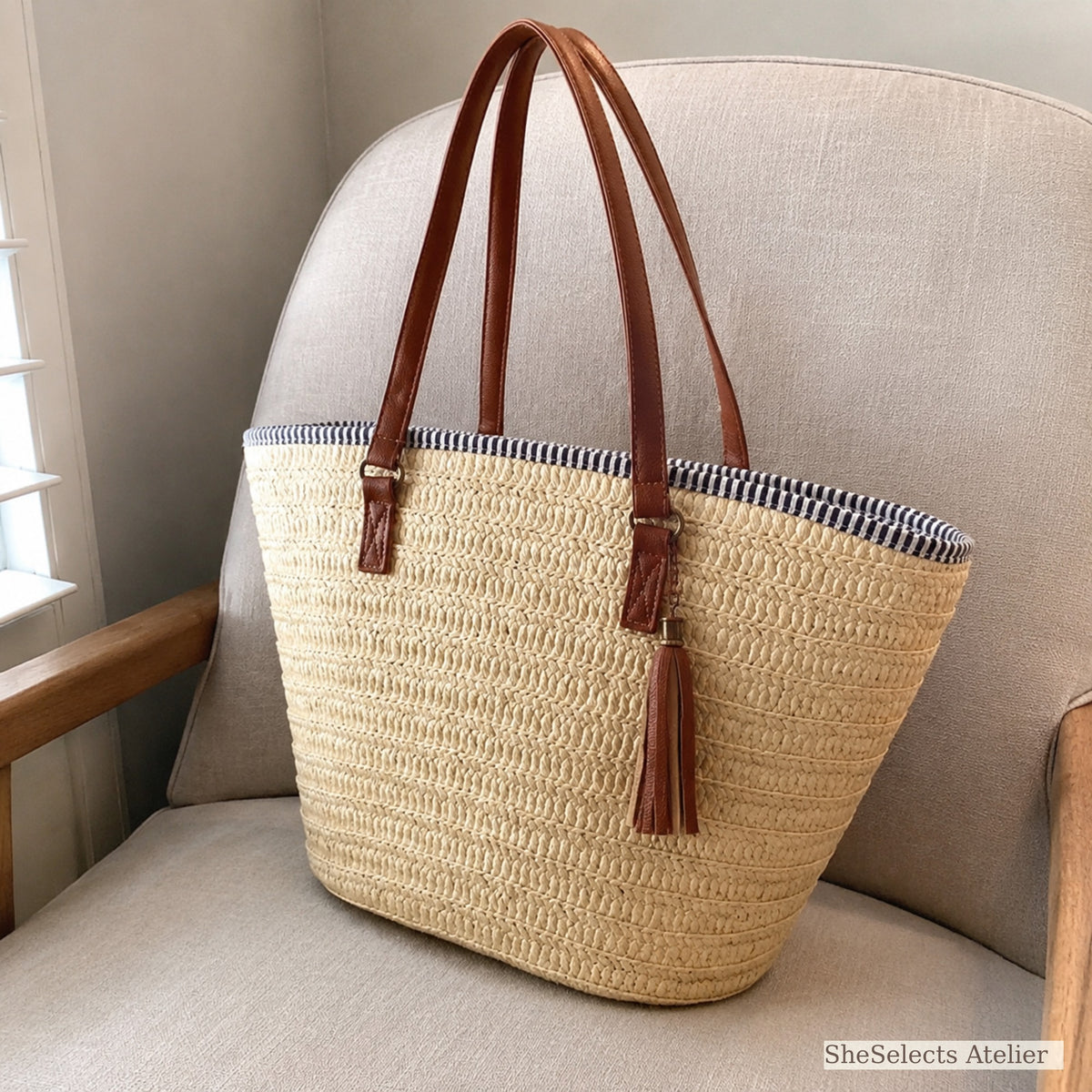Three-quarter view of large woven summer tote on a chair