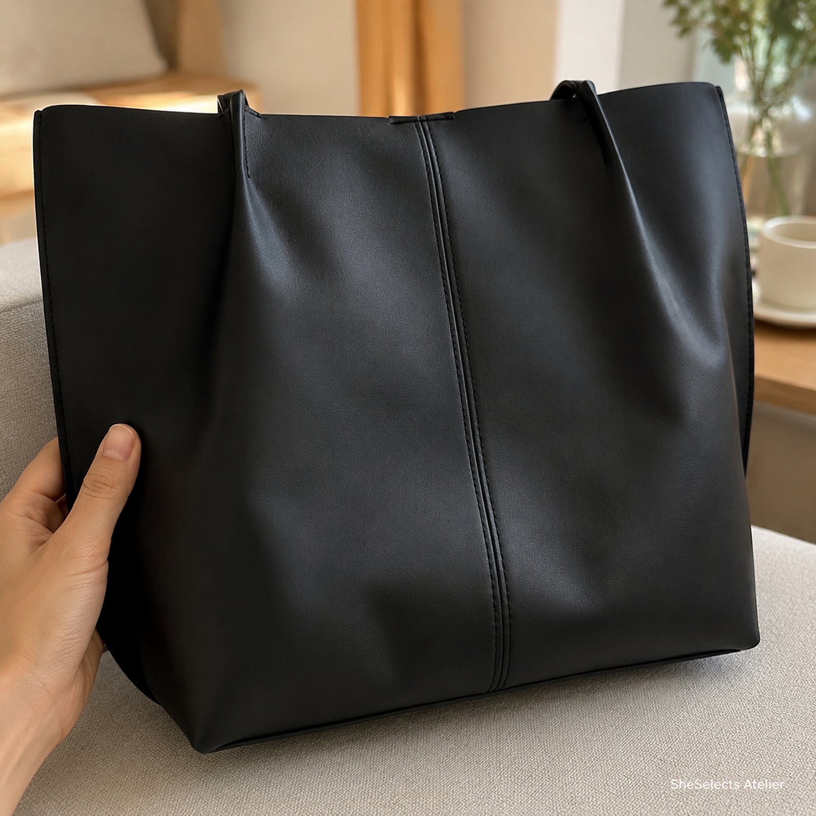 Close-up of black vegan leather grain, natural folds and straight front center seam