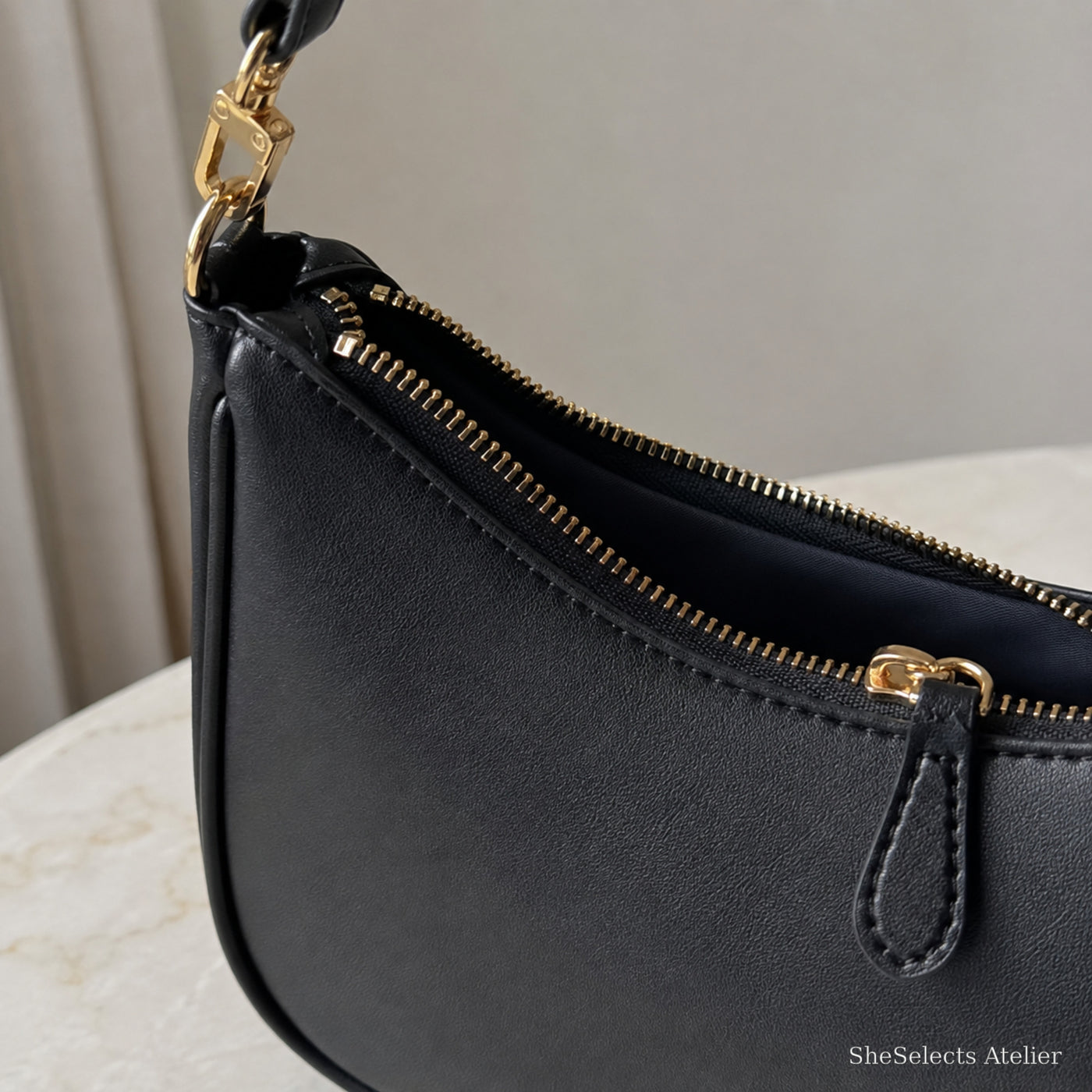 Minimalist Crescent Shoulder Bag, Small Vegan Leather Purse with Gold Chain Detail | zipper black | SheSelects Atelier