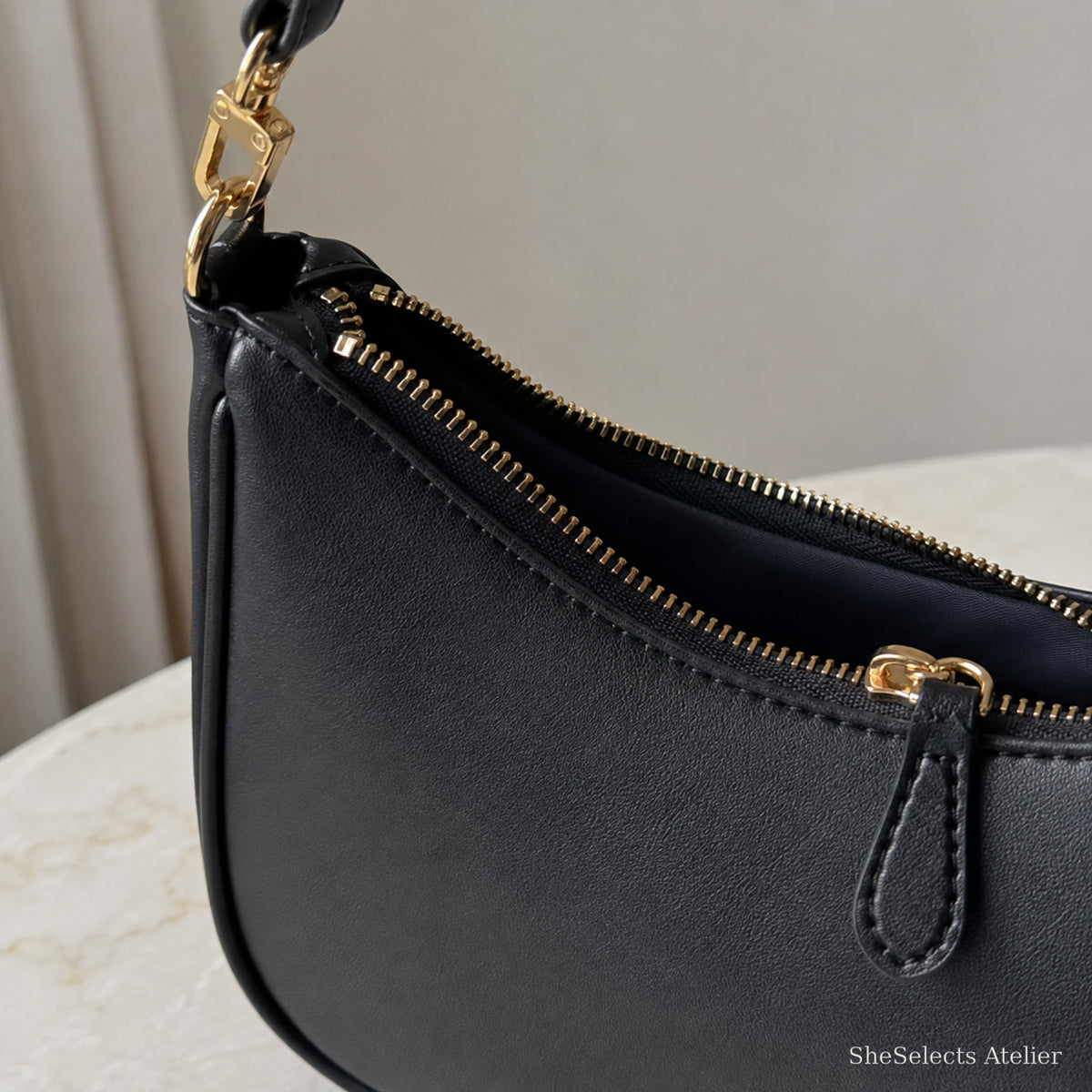 Minimalist Crescent Shoulder Bag, Small Vegan Leather Purse with Gold Chain Detail | zipper black | SheSelects Atelier