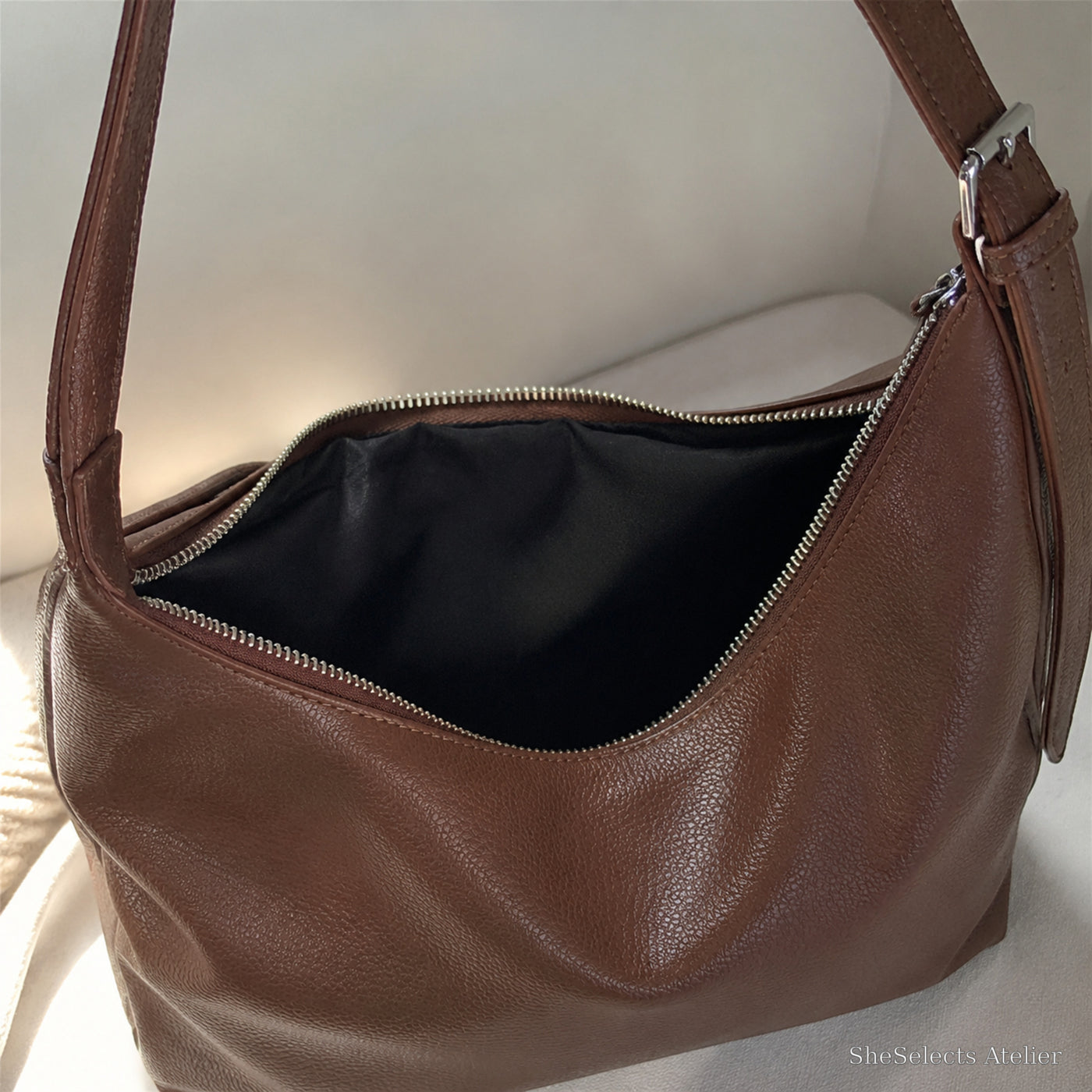 Soft Vegan Leather Hobo Bag, Large Everyday Shoulder Purse for Women | zipper brown | SheSelects Atelier