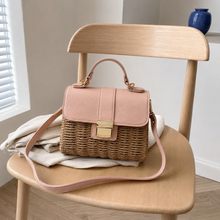 Structured Woven Straw Satchel with Pink Flap, Top Handle Crossbody Bag