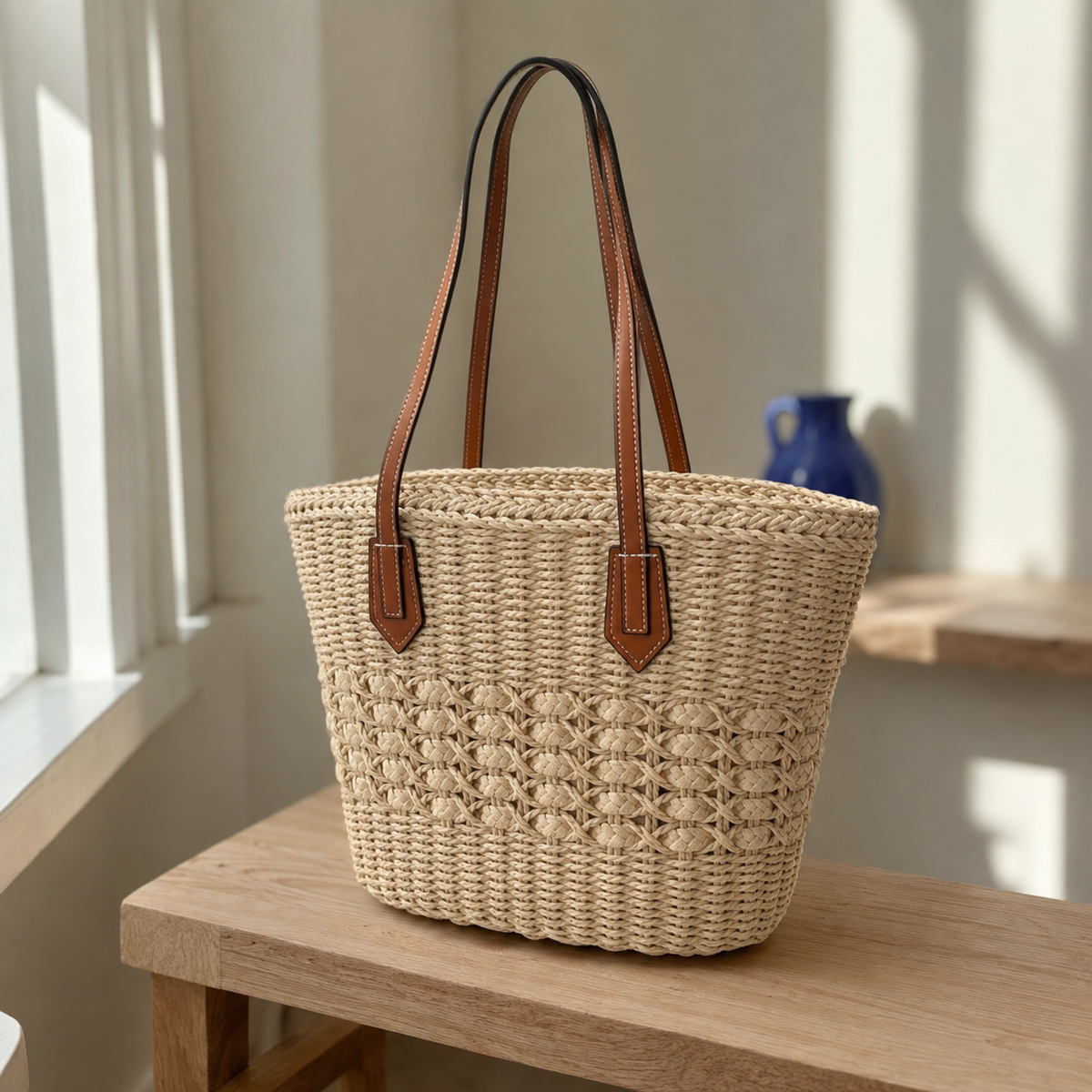 Three-quarter view of the Beige cut-out woven shoulder tote without scarf