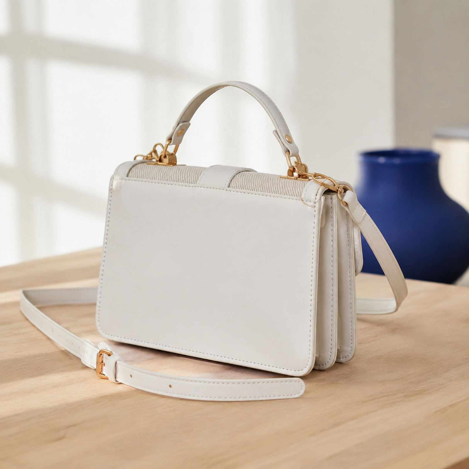 Rear and side view of the Beige structured petite tote