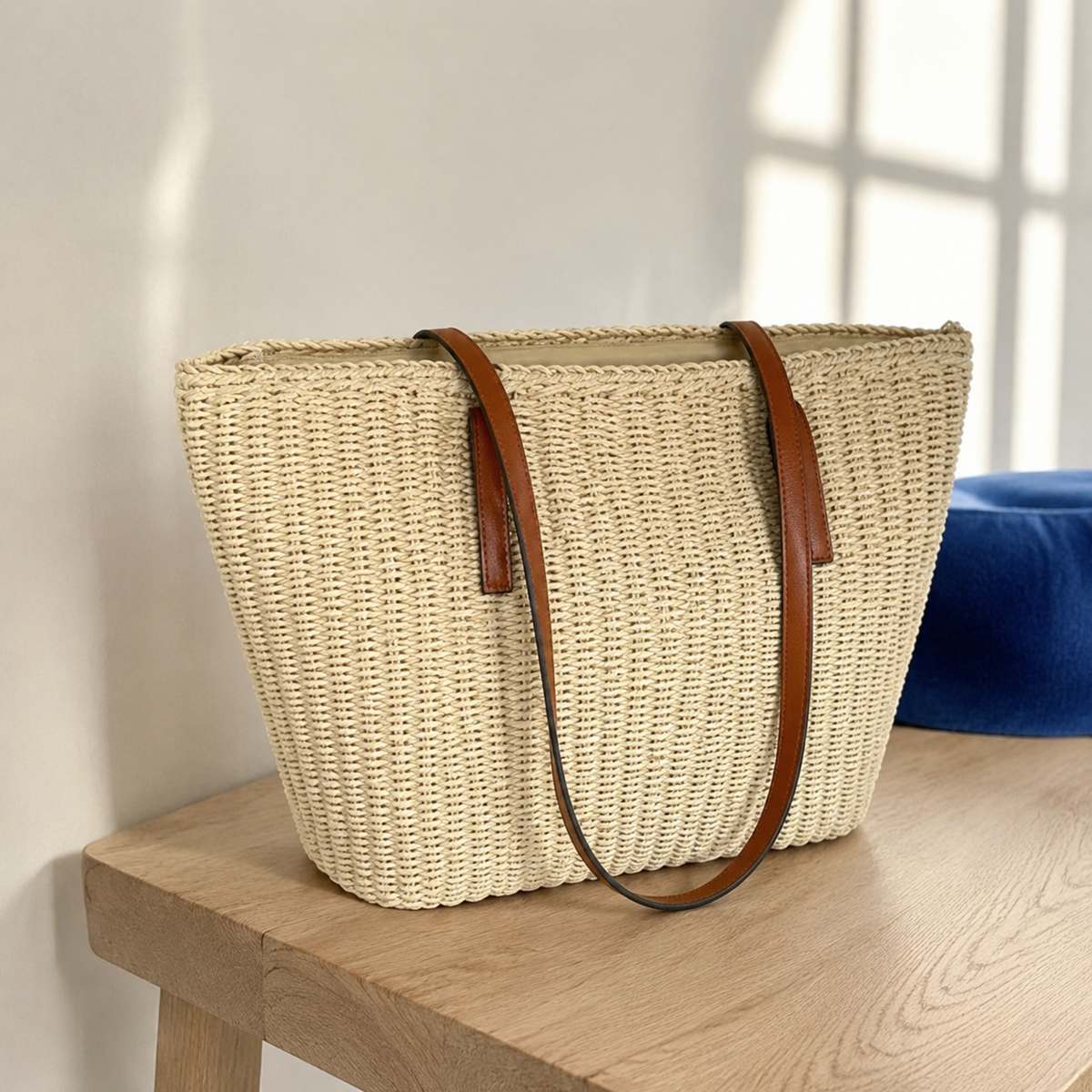 Side and base view of the Beige structured paper-straw tote