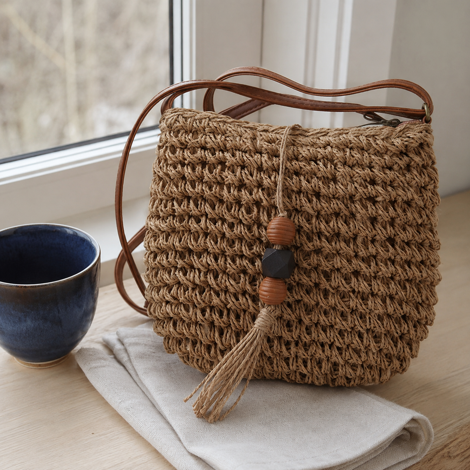 Brown woven straw purse with beaded tassel in a calm home setting