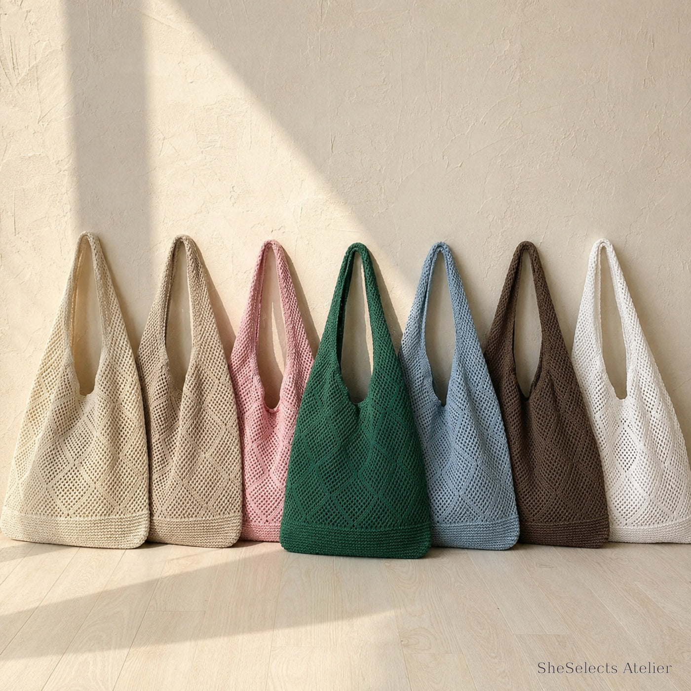 SheSelects Atelier gallery refresh 2026-08-01 | Large Crochet Tote Bag | all seven colors