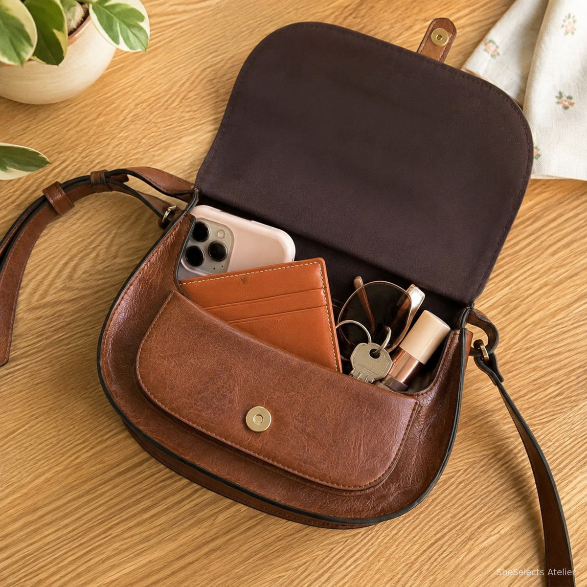 Open brown saddle bag holding a phone, card wallet, keys, lipstick, and sunglasses