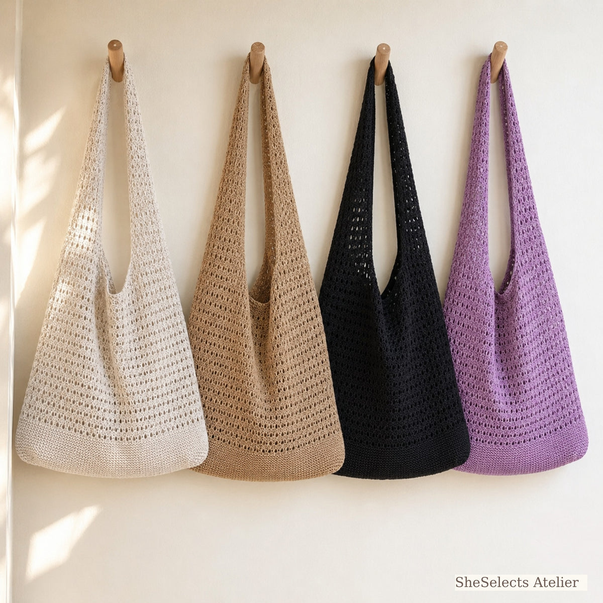 Beige, khaki, black and purple hollow knit tote bags together