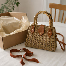Straw Woven Bamboo Handle Bag, Structured Crossbody Purse for Women