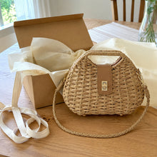 Straw Woven Crossbody Bag, Rounded Summer Shoulder Purse with Gold Turn Lock