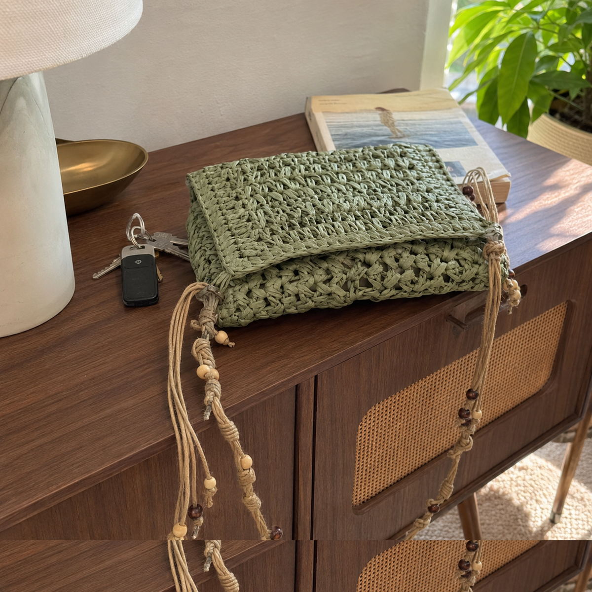 Woven straw crossbody bag, boho square summer purse with beaded strap for women