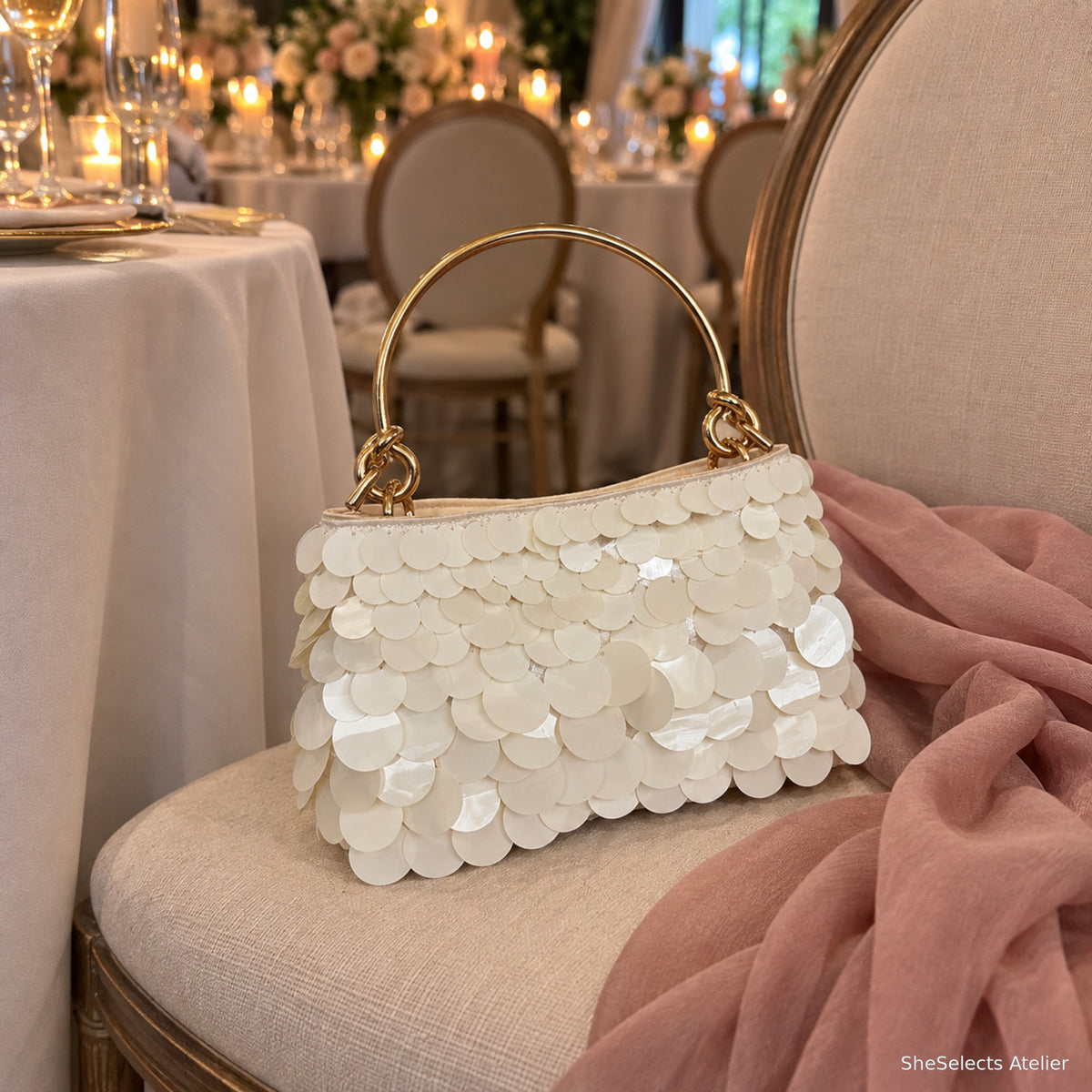 White evening bag on reception chair
