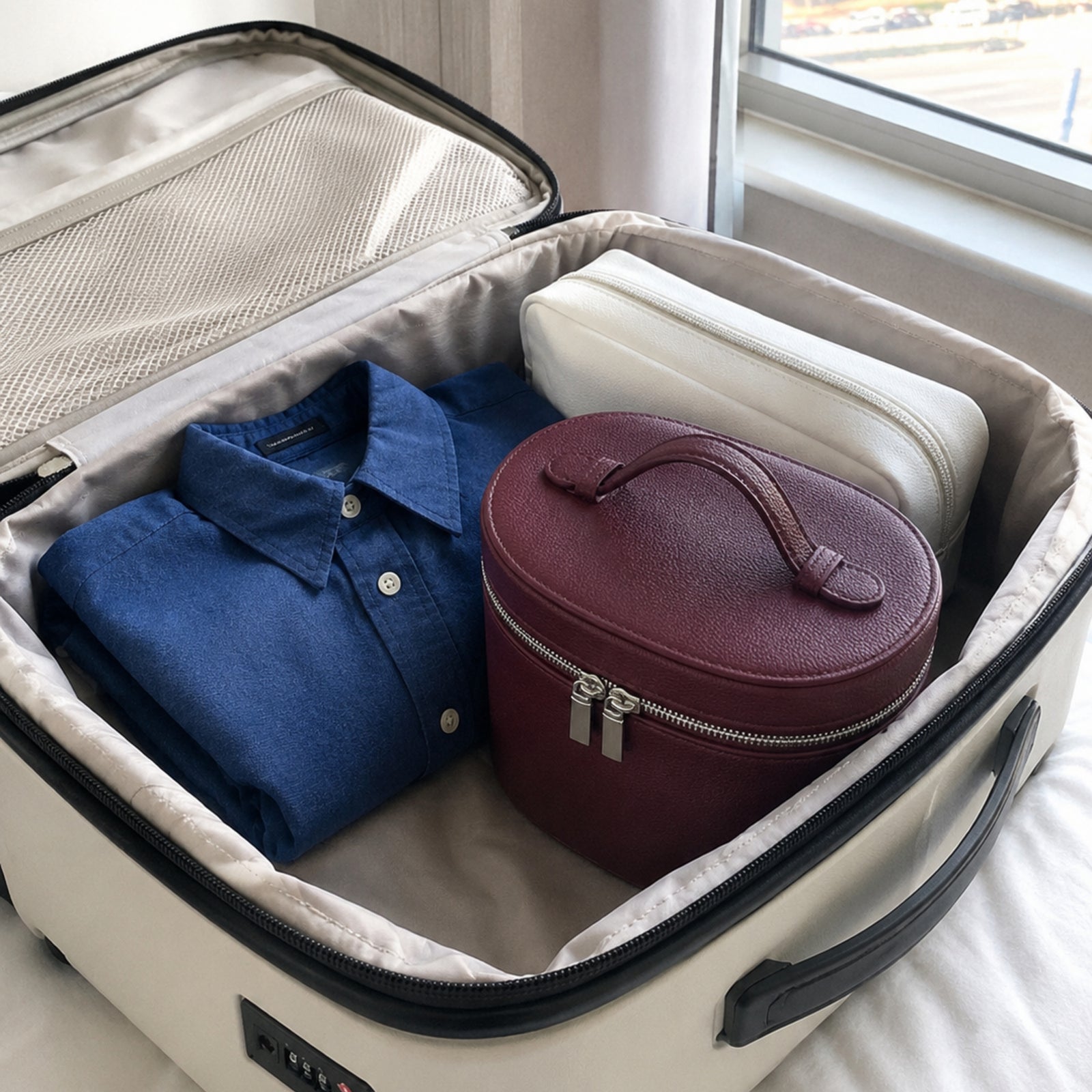 Wine red makeup organizer packed inside an open ivory carry-on suitcase