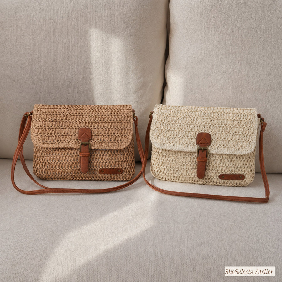 Khaki and beige woven straw crossbody bags displayed together