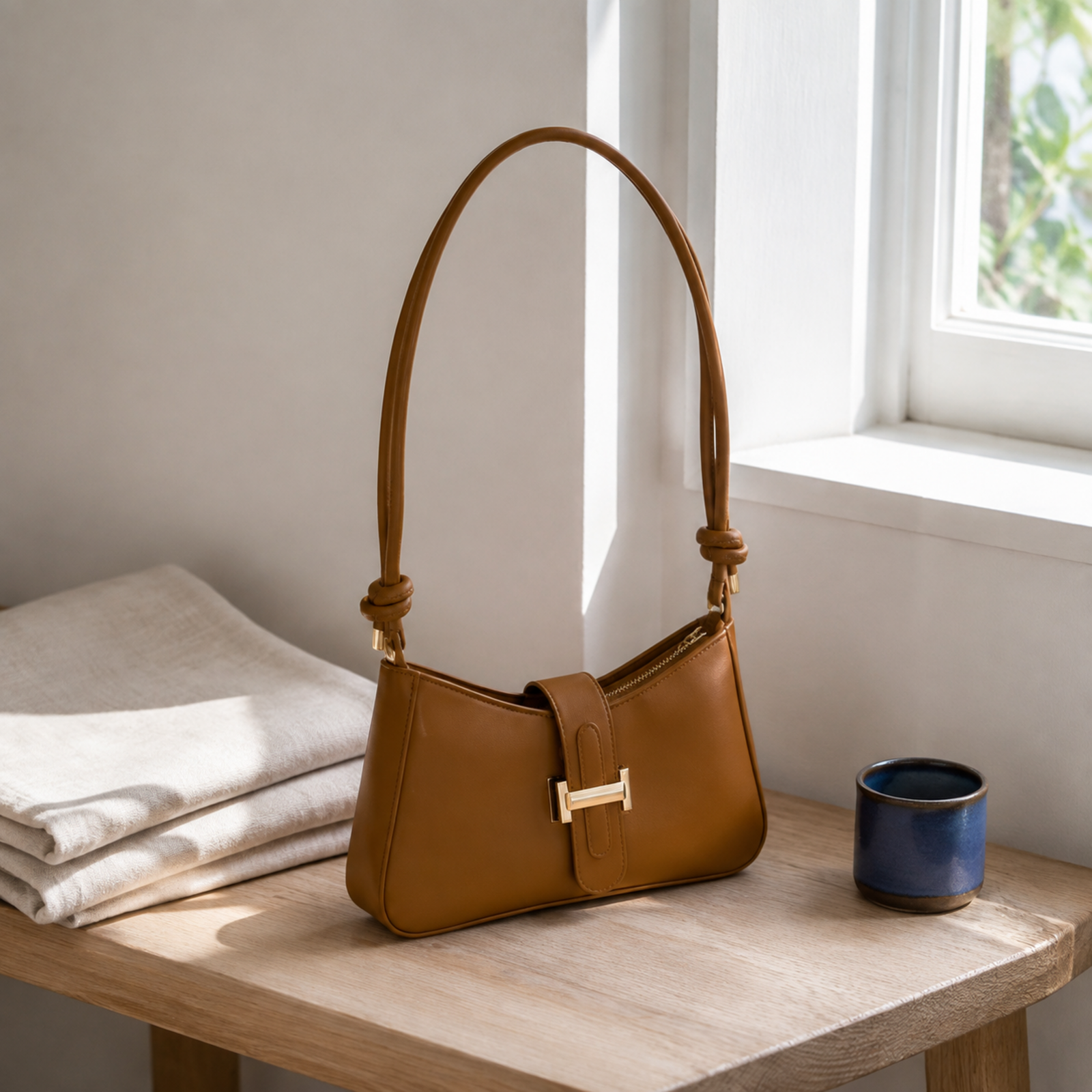 Camel brown knot-strap underarm bag in a calm home still life