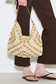 Beige patterned straw handbag with snap closure and inner pocket, view 5