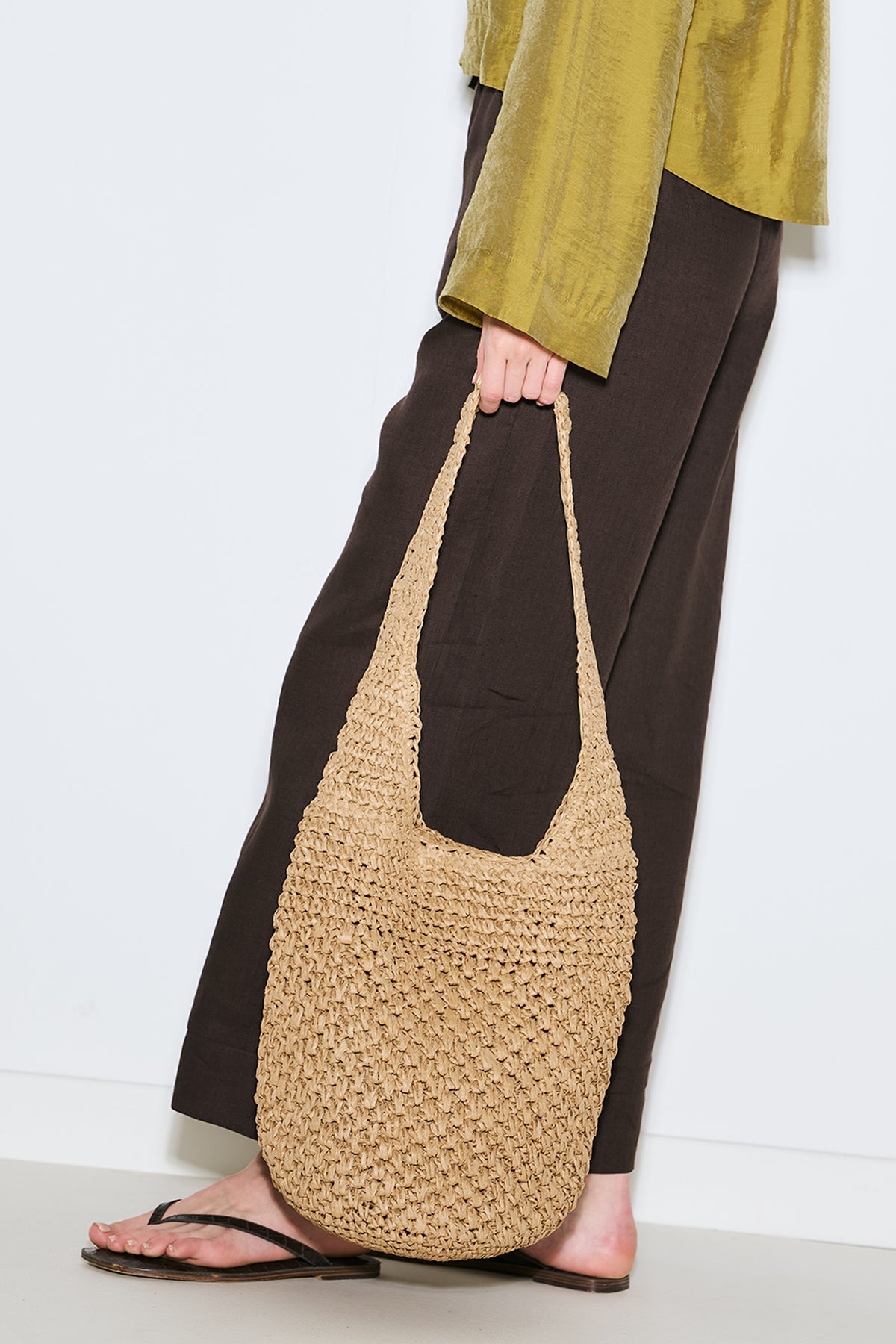 Natural braided straw shoulder bag with snap closure, view 1