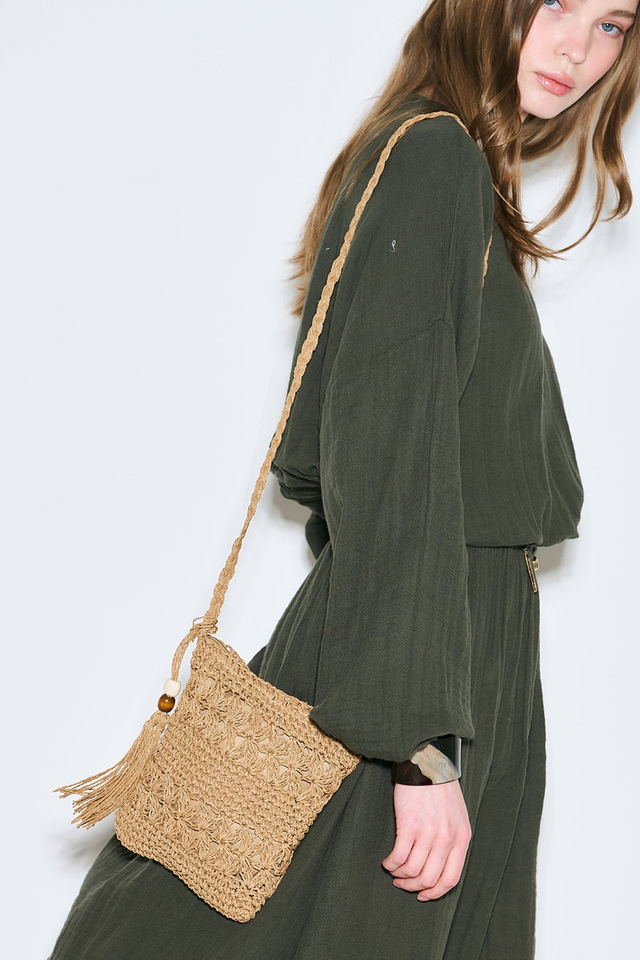 Natural mini straw crossbody bag with beaded tassel detail, view 1