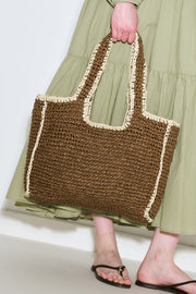 Large brown contrast straw shoulder bag with zip closure, view 2
