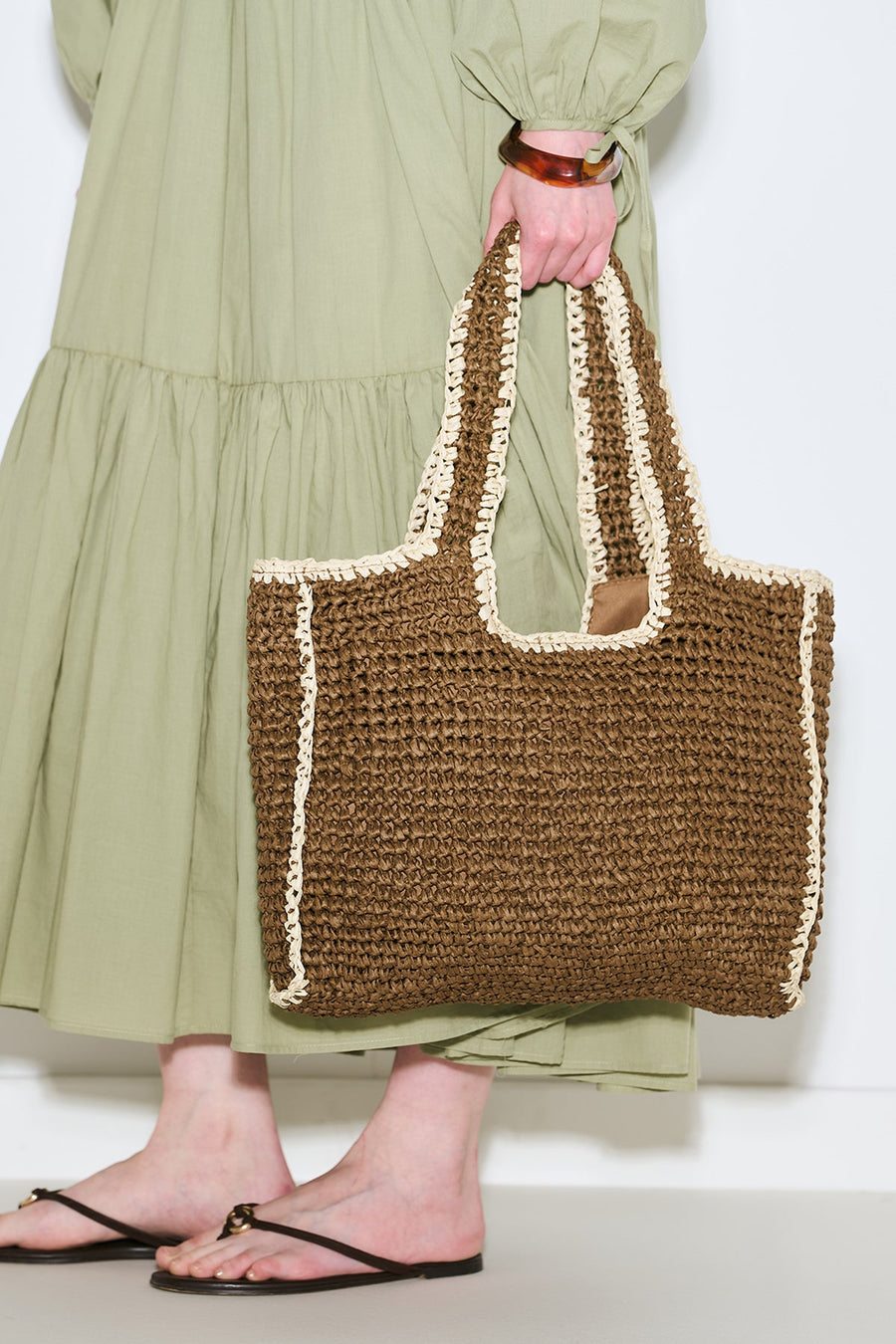 Large brown contrast straw shoulder bag with zip closure, view 1