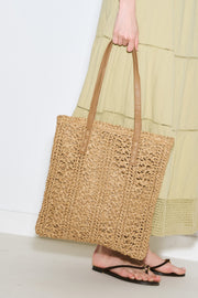 Natural patterned straw shoulder bag with faux leather straps, view 4