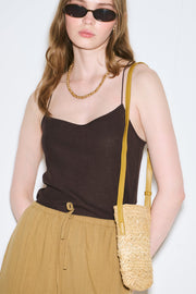 Beige mini straw basket bucket bag with drawstring closure, view 3