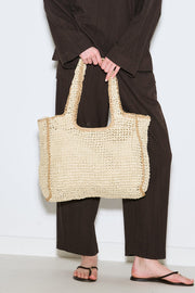 Large beige contrast straw shoulder bag with zip closure, view 1