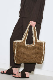 Large brown contrast straw shoulder bag with zip closure, view 4