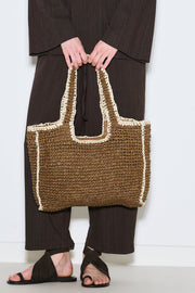 Large brown contrast straw shoulder bag with zip closure, view 3