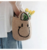 Women’s Straw Twine Woven Smiley Face Bag Purse for Beach, Vacation & Summer Outfits