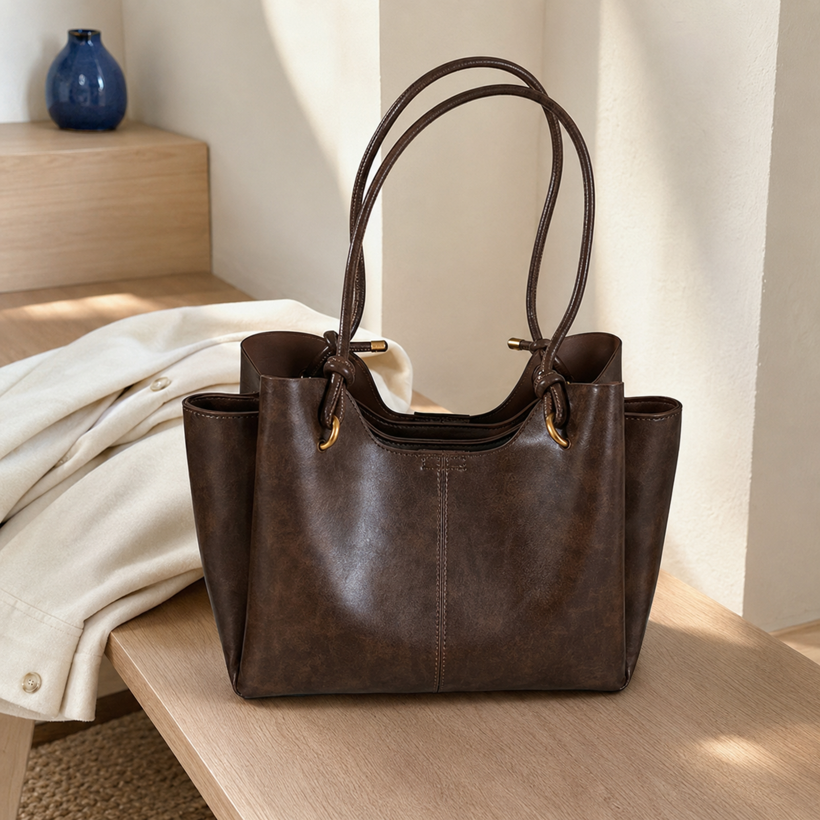 Coffee brown large work tote with side pockets and knotted handles
