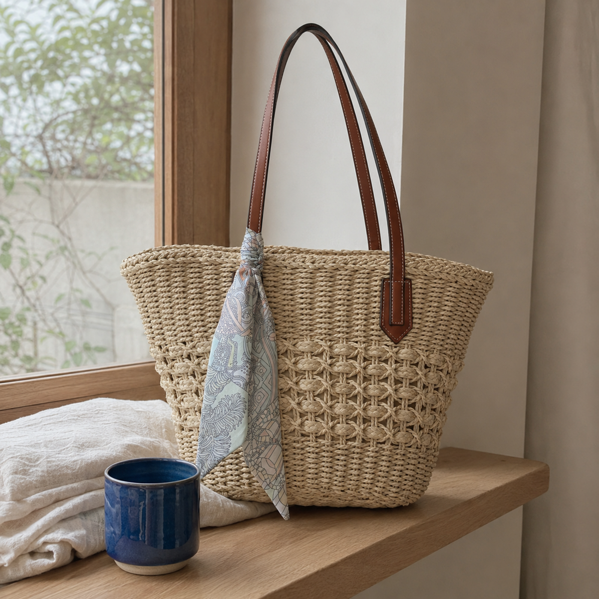 Beige woven straw tote with patterned scarf in a calm home still life
