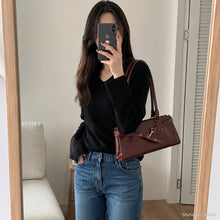 Glossy Vegan Leather East West Bag, Y2K Baguette Shoulder Purse with Zipper
