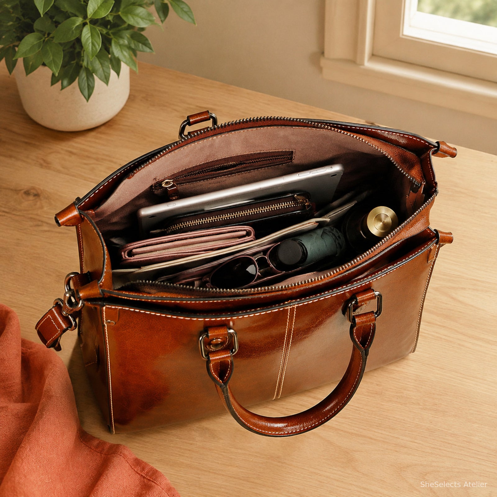 Open cognac cowhide handbag showing central zip divider and organized interior