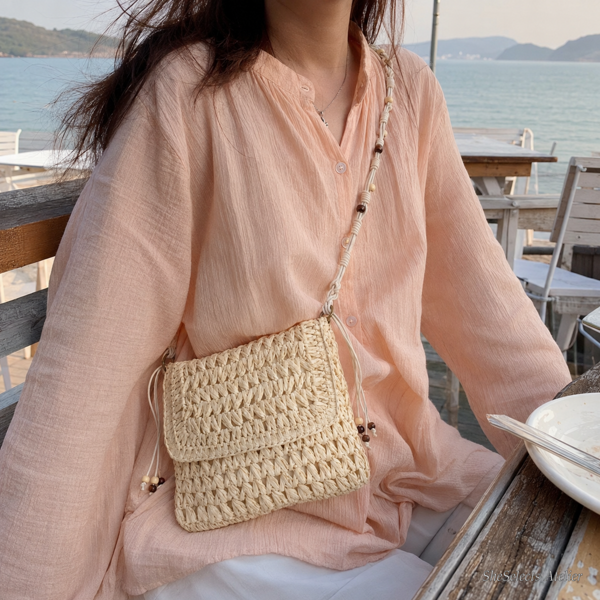Woven straw crossbody bag, boho square summer purse with beaded strap for women