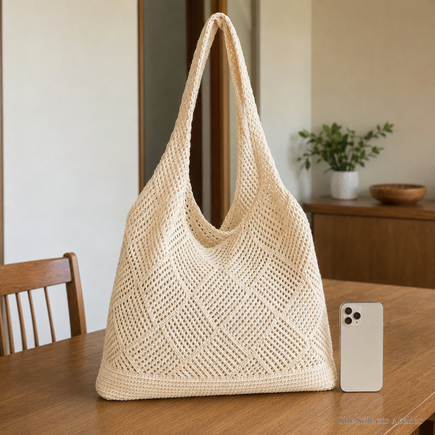 SheSelects Atelier gallery refresh 2026-08-01 | Large Crochet Tote Bag | phone scale apricot