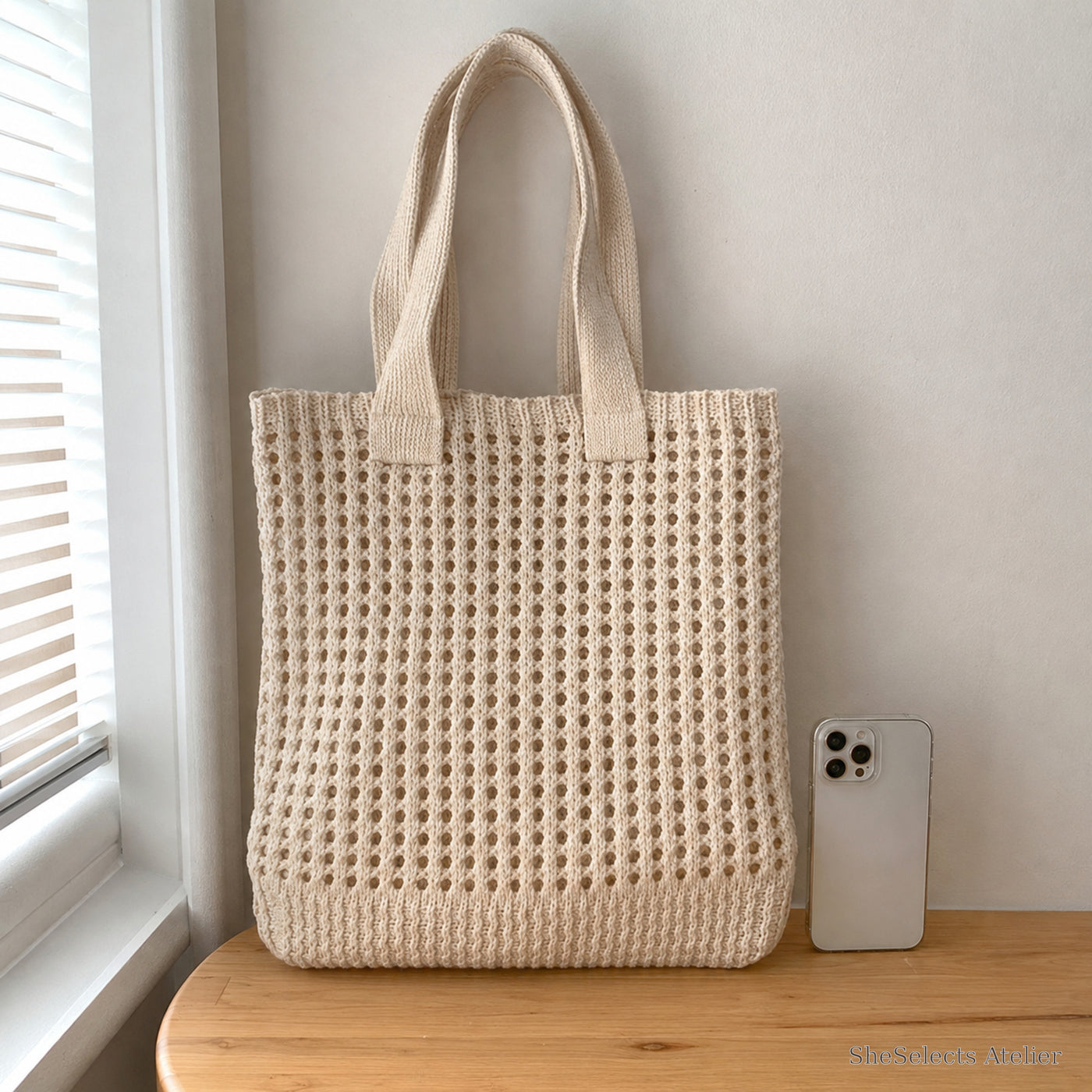 SheSelects Atelier gallery refresh 2026-08-01 | Hollow Knit Shoulder Bag | phone scale beige
