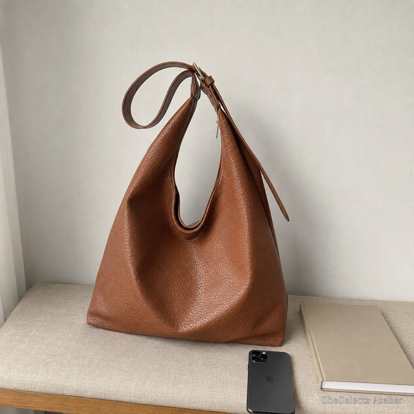Large Vegan Leather Hobo Bag, Soft Slouchy Shoulder Tote for Women | phone scale brown | SheSelects Atelier