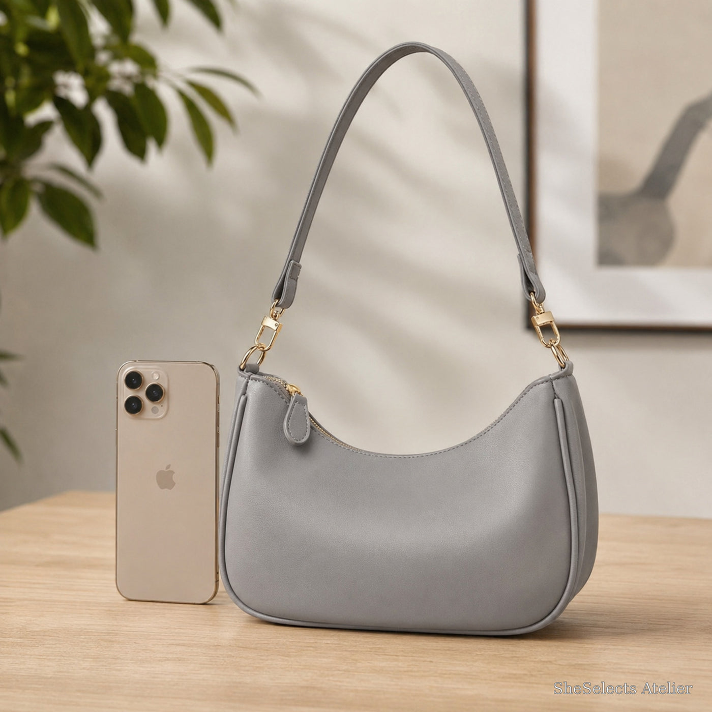 Minimalist Crescent Shoulder Bag, Small Vegan Leather Purse with Gold Chain Detail | phone scale gray | SheSelects Atelier