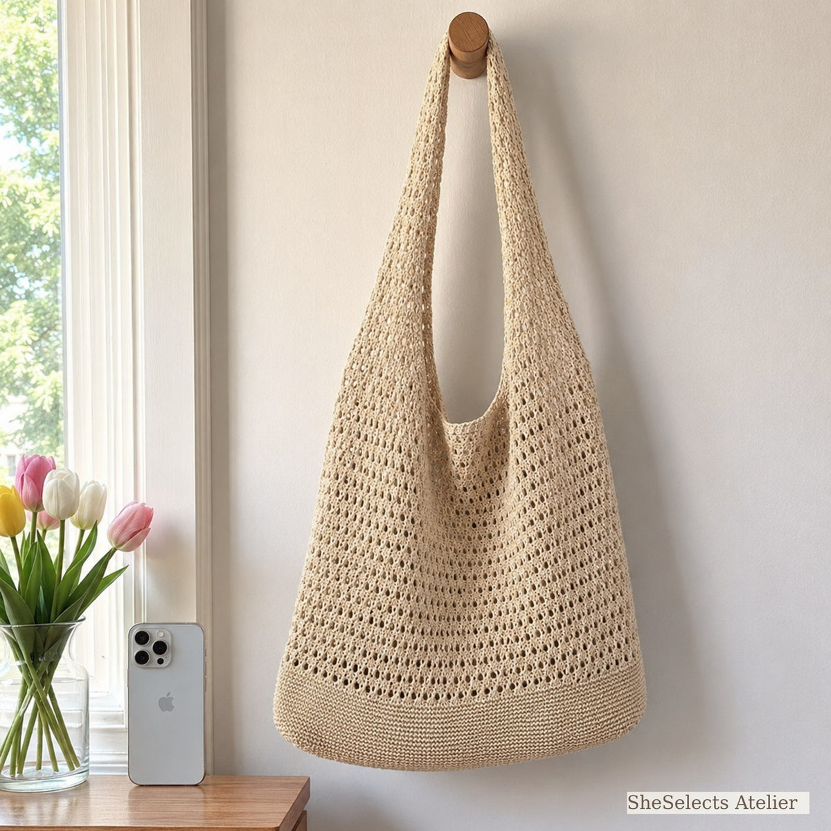 Beige knit shoulder bag beside an iPhone for visual size reference