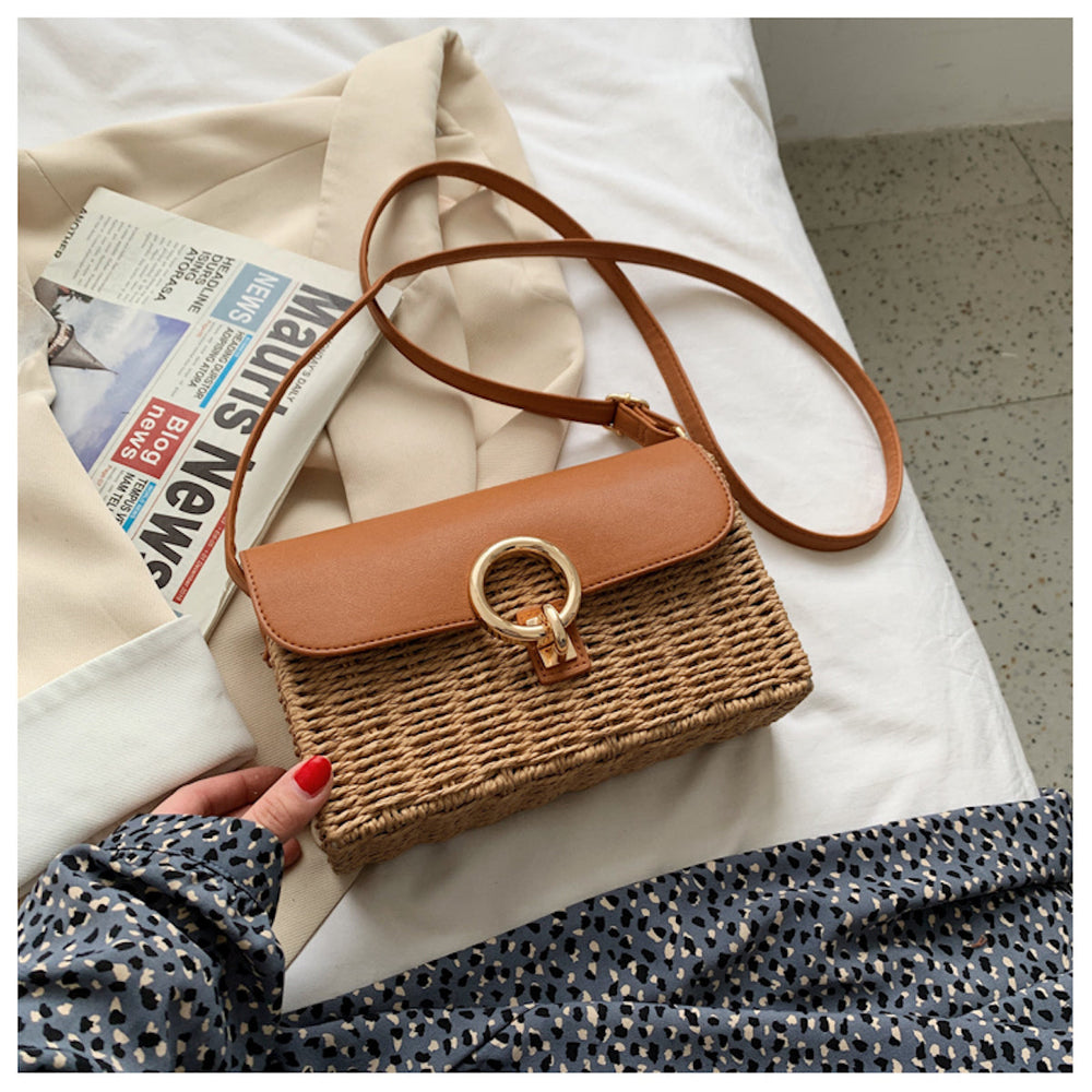 Women’s Straw Woven Box Bag with Leather Flap Handbag for Beach, Vacation & Summer Outfits
