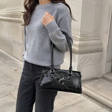 Glossy Vegan Leather East West Bag, Y2K Baguette Shoulder Purse with Zipper